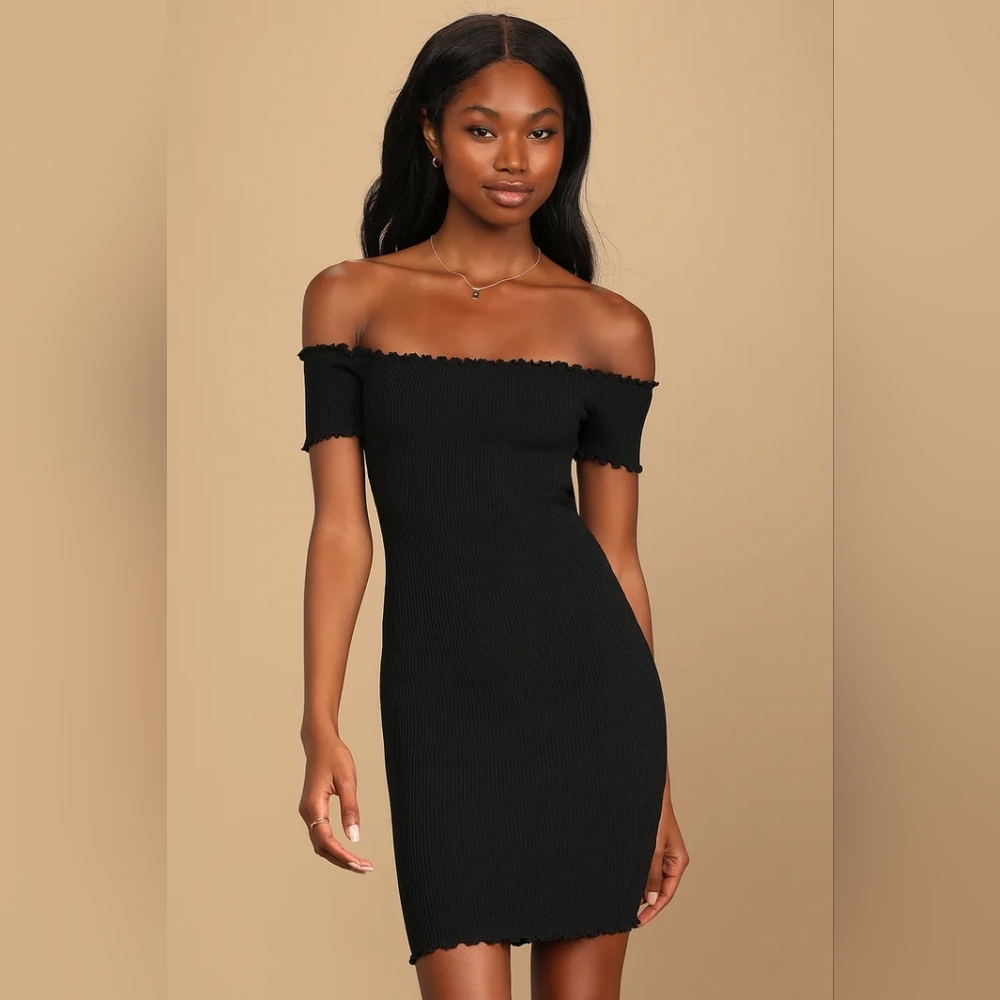 NEW Lulu's Black Ribbed Off The Shoulder Bodycon Dress Size Small